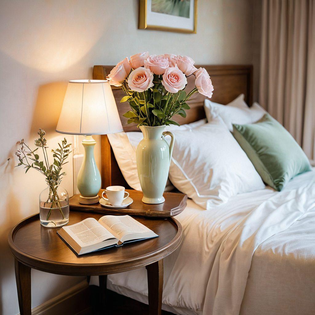 A serene and cozy bedroom setting with soft lighting, featuring an open book on intimacy tips resting on a bedside table. A decorative vase with fresh flowers and two intertwined wedding rings subtly placed in the foreground symbolize love and commitment. A calming color palette of pastels to evoke feelings of warmth and connection. romantic atmosphere, soft focus. painting. vibrant colors.