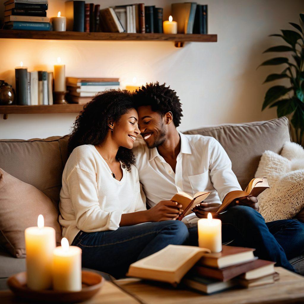 A serene couple sitting together on a cozy couch, surrounded by soft lighting and warm colors, engaging in a meaningful conversation with smiles and gentle touches. A heart-shaped candle glows on a nearby table, symbolizing intimacy and connection. Books about relationships and communication are stacked beside them. The background features a lush indoor plant, adding a touch of serenity. soft focus. warm tones. cozy atmosphere.