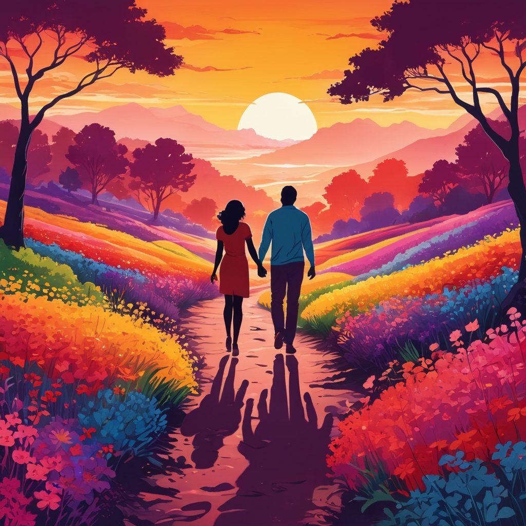 A vibrant, abstract landscape symbolizing sexual health and adult lifestyle, featuring winding pathways that suggest exploration and discovery. Include symbolic elements like blooming flowers representing growth, intertwined colors to signify diversity and inclusivity, and soft lighting to evoke a sense of safety and openness. Integrate silhouettes of diverse figures engaging in various adult lifestyle activities, promoting a positive atmosphere. Digital art style with bold colors and smooth gradients.
